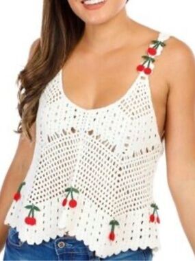 Rebellion White cotton Crochet Tank with Red Cherry Accents  size large